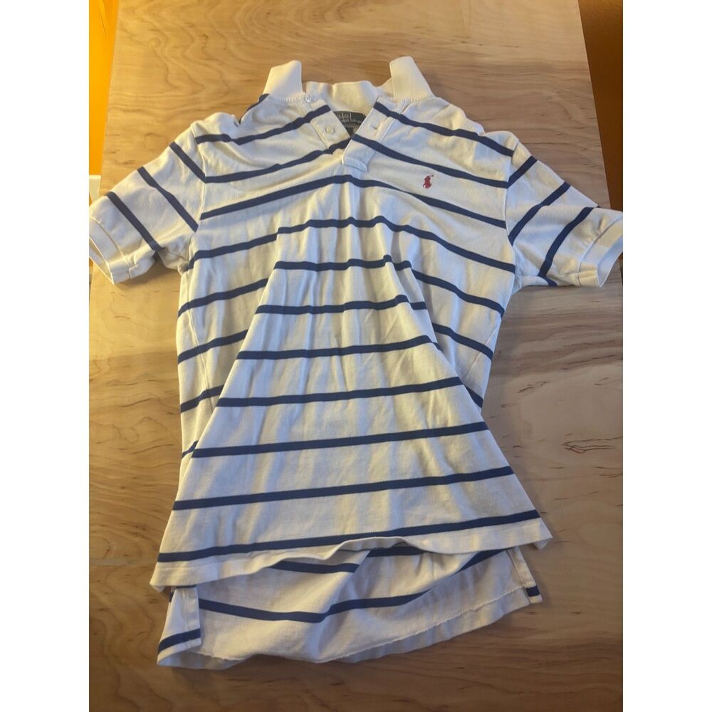 Ralph Lauren Polo Mens Large White Blue Striped Polo Shirt Short Sleeve L